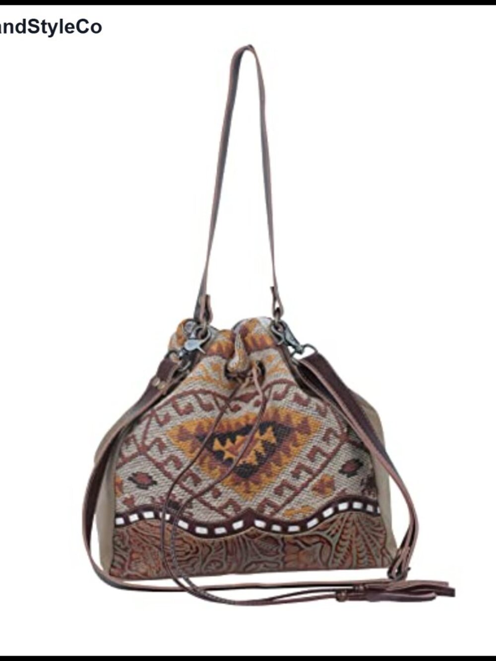 Myra Bag Handcrafted Upcycled Canvas Leather Trim Bucket Shoulder Bag